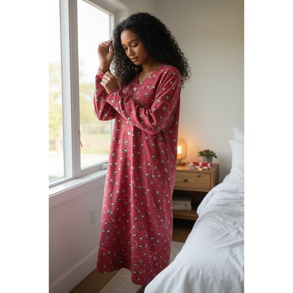 "Botany 500" Red Flannel Christmas Night Shirt VTG SZ S/M  Santa & Wreaths Mom - Picture 2 of 12